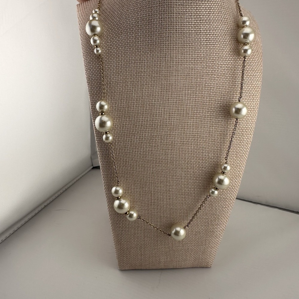 J Crew‎ Gold Tone Faux Pearl Station Long Necklace Asymmetric Preppy Party